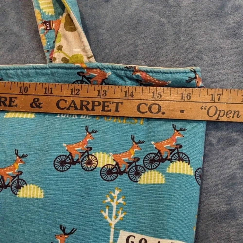 Handmade Reversible Tote Bag Tour de Forest Deer Biking Floral Blue Yellow